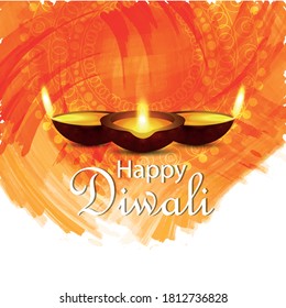 Happy Diwali Hindu festival of lights & Happiness. Diwali holiday greeting card with lights. Creative Diya flame in golden blur effect background and traditional calligraphy.