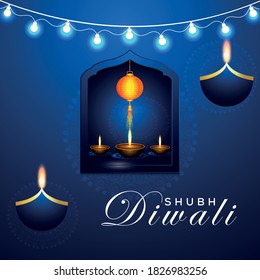 Happy Diwali Hindu festival of lights & Happiness. Diwali holiday greeting card with lights. Creative Diya flame in golden blur effect background and traditional calligraphy.