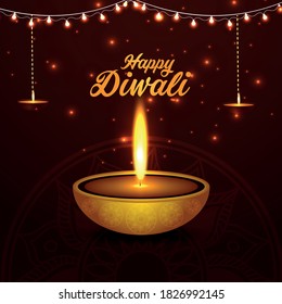 Happy Diwali Hindu festival of lights & Happiness. Diwali holiday greeting card with lights. Creative Diya flame in yellow background and traditional calligraphy.
