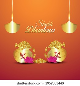 Happy Diwali Hindu festival of lights  Happiness. Diwali holiday greeting card with lights. Creative Diya flame in golden blur effect background and traditional calligraphy