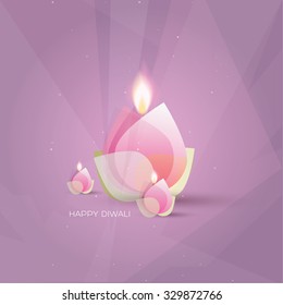 Happy Diwali Hindu festival of lights vector illustration with abstract floral diyas with lighted fire flames in purple and pink hues