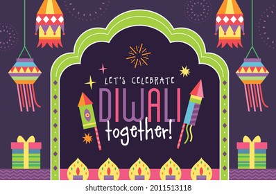 Happy Diwali Hindu festival modern flat design with fireworks, hanging lanterns, oil lamps and typography design. 