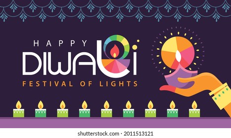 Happy Diwali Hindu festival modern flat design with colorful oil lamps and typography design. 