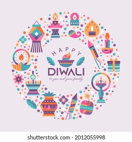 Happy Diwali Hindu festival modern flat design with colorful oil lamps, lanterns, fireworks and typography design. 