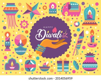 Happy Diwali Hindu festival modern flat design with colorful oil lamps, lanterns, fireworks and typography design.