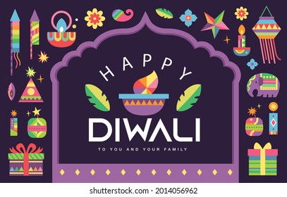 Happy Diwali Hindu festival modern flat design with colorful oil lamps, lanterns, fireworks and typography design.
