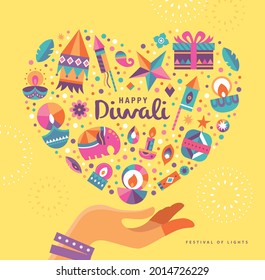 Happy Diwali Hindu festival modern flat design with Indian women's hand and lots of colorful icons in heart shape design.