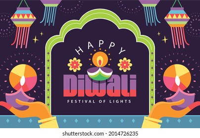 Happy Diwali Hindu festival modern flat design with 2 Indian women's hand holding oil lamp and typography design.