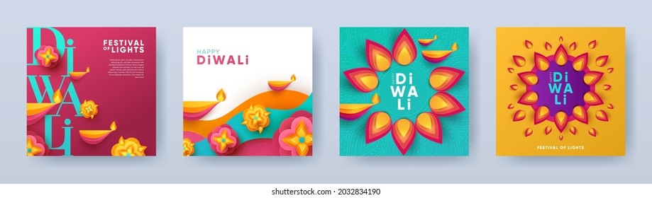 Happy Diwali Hindu festival modern design set in paper cut style with oil lamps on colorful waves and beautiful flowers of lights. Holiday background for branding, card, banner, cover, flyer or poster