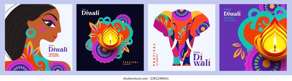 Happy Diwali Hindu festival modern design set with beautiful girl, elephant, oil lamps on colorful waves and flowers of lights. Holiday background for branding, card, banner, cover, flyer or poster