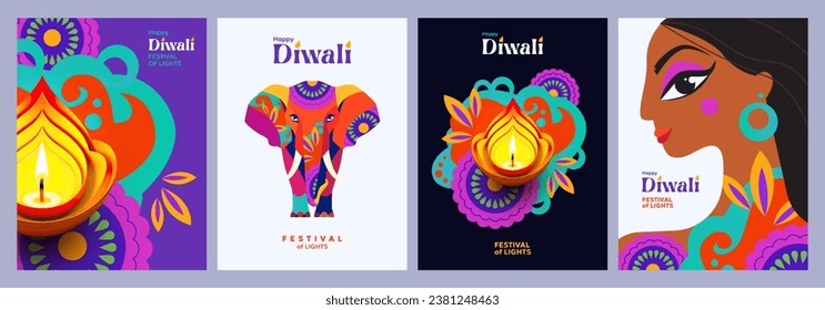 Happy Diwali Hindu festival modern design set with beautiful girl, elephant, oil lamps on colorful waves and flowers of lights. Holiday background for branding, card, banner, cover, flyer or poster