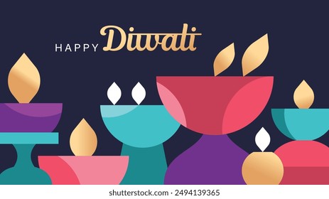 Happy Diwali Hindu festival modern design with diya oil lamps. Vector illustration for greeting card, poster, cover, banner.