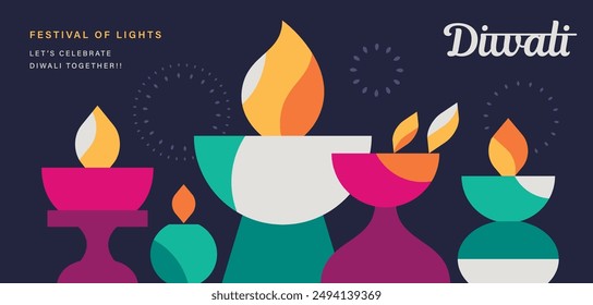 Happy Diwali Hindu festival modern design with diya oil lamps. Vector illustration for greeting card, poster, cover, banner.