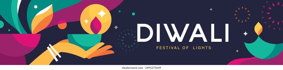 Happy Diwali Hindu festival modern banner design with hands holding diya, oil lamps and typography. Vector illustration for greeting card, poster, cover, banner.