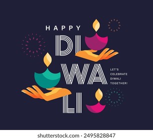 Happy Diwali Hindu festival modern design with hands, diya oil lamps and typography. Vector illustration for greeting card, poster, cover, banner.