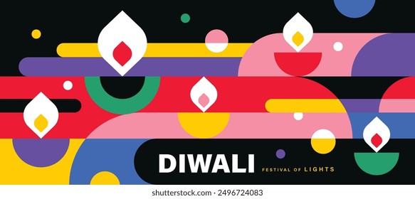 Happy Diwali Hindu festival modern geometry design with diya oil lamps. Vector illustration for greeting card, poster, cover, banner.