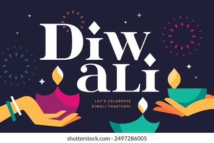 Happy Diwali Hindu festival modern design with hands holding diya oil lamps, fireworks and typography. Vector illustration for greeting card, poster, cover, banner.