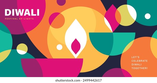 Happy Diwali Hindu festival modern design with diya oil lamps and colorful background. Vector illustration for greeting card, poster, cover, banner.