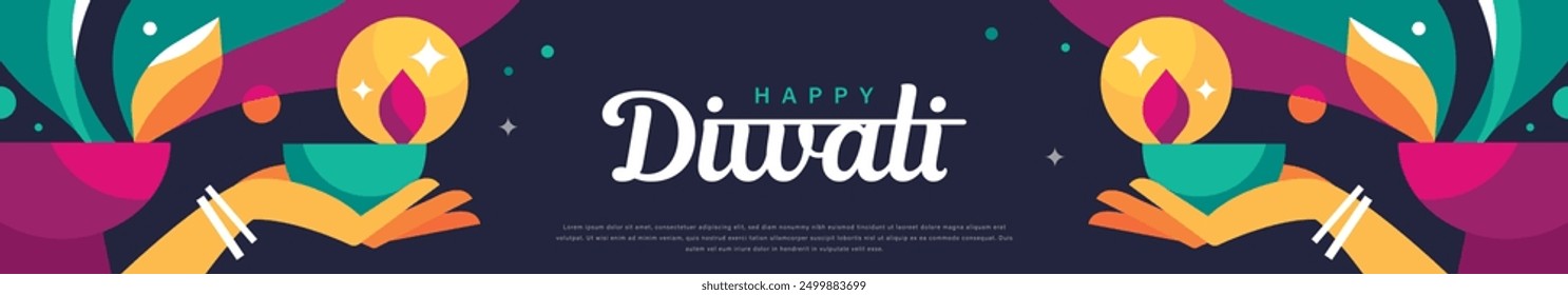 Happy Diwali Hindu festival modern banner design with hands holding diya, oil lamps and typography. Vector illustration for greeting card, poster, cover, banner.