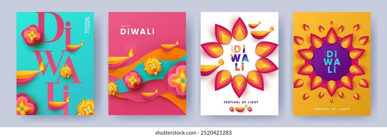 Happy Diwali Hindu Festival modernes Design im Papierschnitt Stil mit Öllampen auf bunten Wellen und schönen Blumen von Lichtern gesetzt. Feiertagshintergrund für Branding, Karte, Banner, Cover, Flyer oder Poster