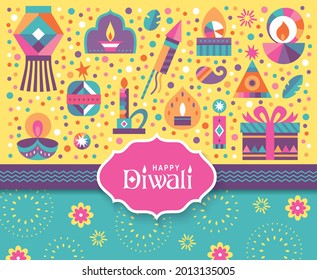 Happy Diwali Hindu festival poster design with colorful oil lamps, lanterns, fireworks and typography design. 