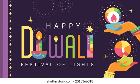 Happy Diwali Hindu festival poster with 2 Indian women's hands holding oil lamp and typography design.