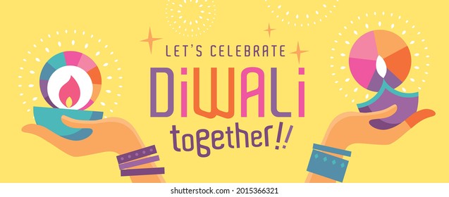 Happy Diwali Hindu festival poster with 2 Indian women's hands holding oil lamp and typography design.