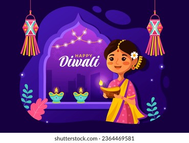 Happy Diwali Hindu Vector Illustration with Indian Rangoli and Fireworks Background for Light Festival of India in Flat Kids Cartoon Design