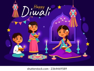 Happy Diwali Hindu Vektor Illustration mit Indian Rangoli und Fireworks Hintergrund für Light Festival India in Flat Kids Cartoon Design