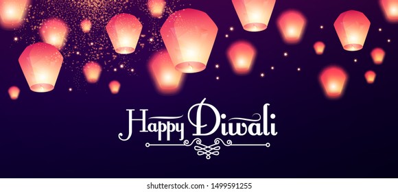 Happy Diwali! Holiday background with flying sky lamps. Indian holiday.