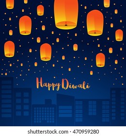 Happy Diwali Holiday background with sky lanterns floating over cityscape, Indian Festival of Lights celebration concept, Creative vector illustration. 