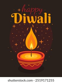 Happy Diwali. Diwali holiday. Card for Indian festival of lights. Red burning traditional diwali candle or oil lamp on a dark brown background, golden stars.