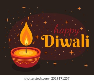 Happy Diwali. Diwali holiday. Card for Indian festival of lights. Red burning traditional diwali candle or oil lamp on a dark brown background, golden stars.