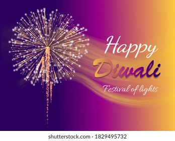 Happy diwali holiday greeting card for Indian traditional celebration of festival of lights. Firework with calligraphic inscription. Festive decor with bright pyrotechnics and fire. Vector in flat