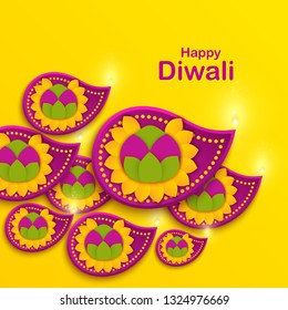Happy Diwali holiday paper banner with diya lamp, rangoli and marigold flowers. Colorful Indian festival poster. Origami craft art, decor of house entrance. Sikh, swanti, tihar. Vector illustration