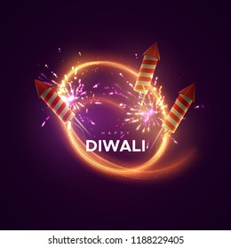 Happy Diwali. Holiday vector illustration of hindu religion event Deepavali. Festive light banner with sparkling fireworks and crackers. Poster template design.
