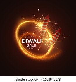 Happy Diwali. Holiday vector illustration of hindu religion event Deepavali. Festive light banner with sparkling fireworks and crackers. Ads poster template design. Sale promotional banner