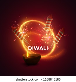 Happy Diwali. Holiday vector illustration of hindu religion event Deepavali. Festive light banner with sparkling firework rockets and diya lantern. Poster template design.
