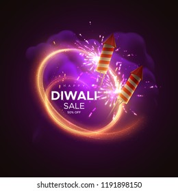 Feliz Diwali. Ilustración vectorial del evento religioso hindú Deepavali. Pancarta de luz festiva con fuegos artificiales brillantes, petardos, humo morado. Diseño de plantilla de afiche de anuncios. Banner promocional de venta