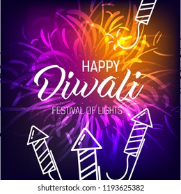 Happy Diwali. Holiday vector illustration of hindu religion event Deepavali. Sale promotional banner. Ads poster template design. Festive light banner with outline fireworks.