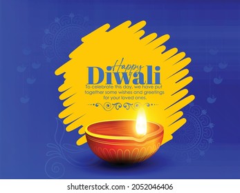 Happy Diwali With Illuminated Oil Lamps On Glossy Orange Background For Happy Diwali Celebration