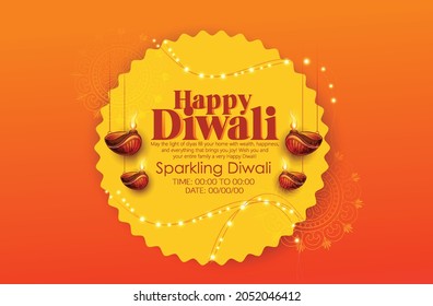 Happy Diwali With Illuminated Oil Lamps On Glossy Orange Background For Happy Diwali Celebration