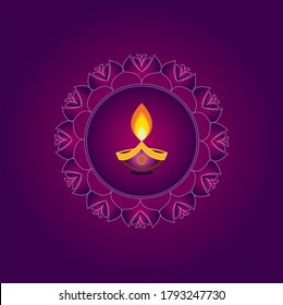 Happy Diwali illumination of lamp in the centre on purple background popular Indian Festival of light with design