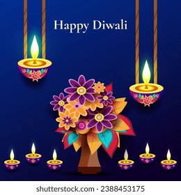 Happy Diwali illustration decorated with rows of lights, very nice for walls