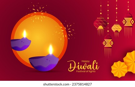 Happy Diwali Illustration with Diya Oil Lamp and Indian Lantern on Round Blank Card - The Festival of Lights