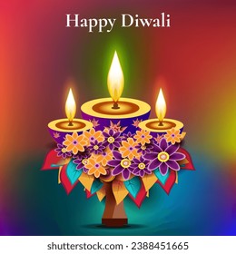 Ilustración feliz de Diwali con decoraciones florales en macetas y lámparas