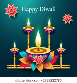 Happy Diwali illustration with flowers and bamboo poles