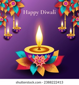 Happy Diwali illustration with flowers and lights on bamboo tips