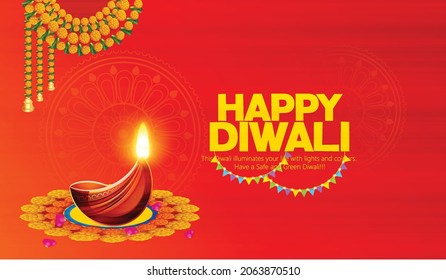 Happy Diwali Illustration Or Greeting Card Of Diwali Festival With Stylish Beautiful Oil Lamp And Diwali Elements