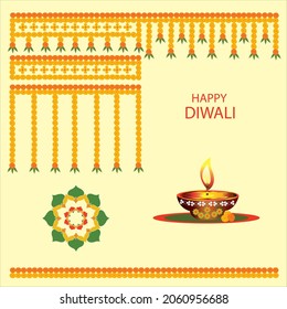 Happy Diwali Indian decoration with marigold flowers in yellow and orange color and mango leaves and earthen lamp on pastel yellow background